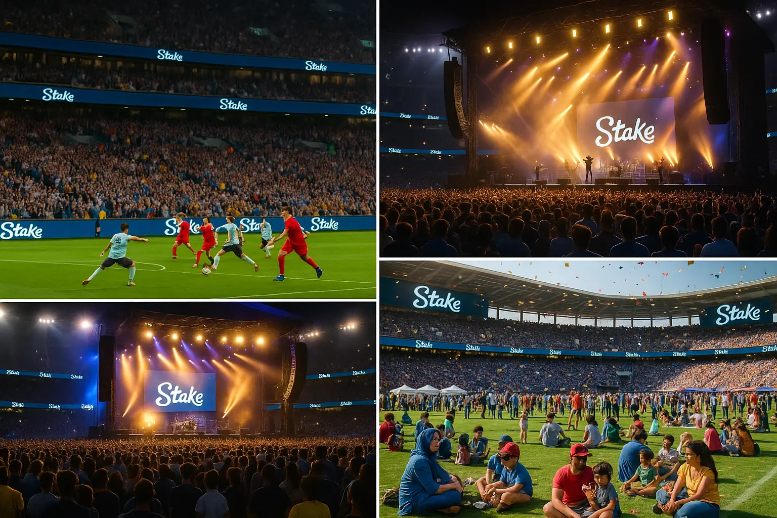Collage of events with Stake logo on screens