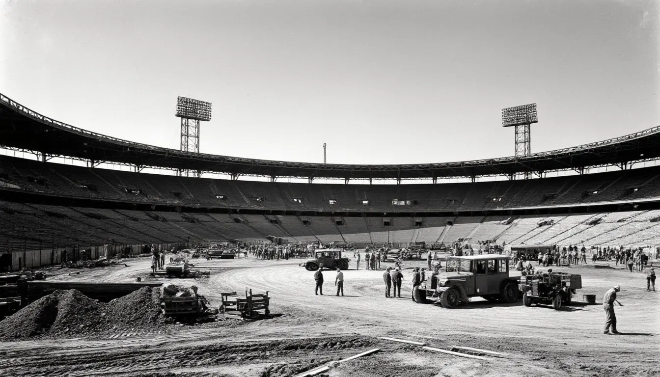 Historical photo of stadium construction with workers
