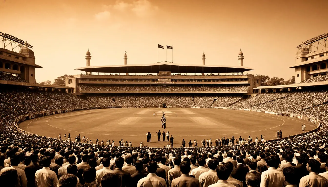 Sepia-toned stadium opening with Stake logo on banner