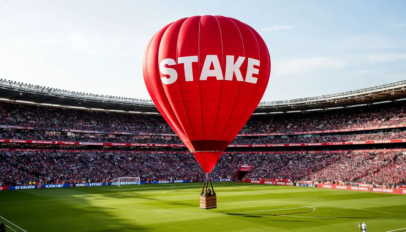 Hot air balloon with Stake logo above the pitch
