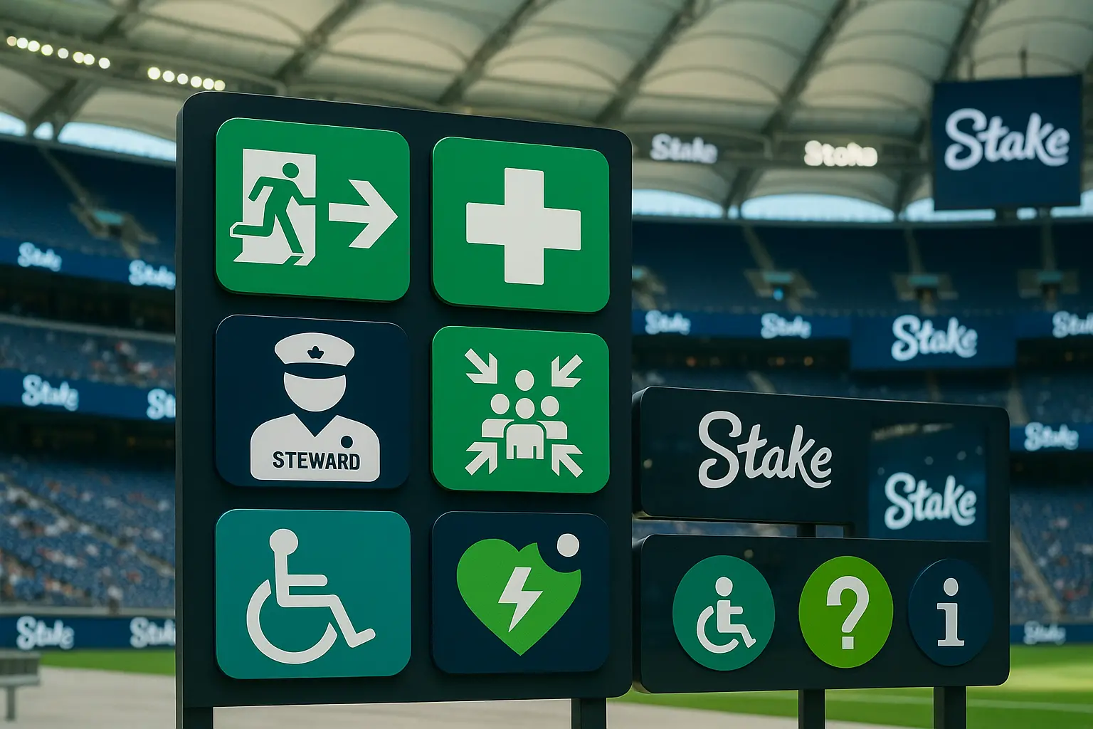 Safety icons with Stake logo on signage