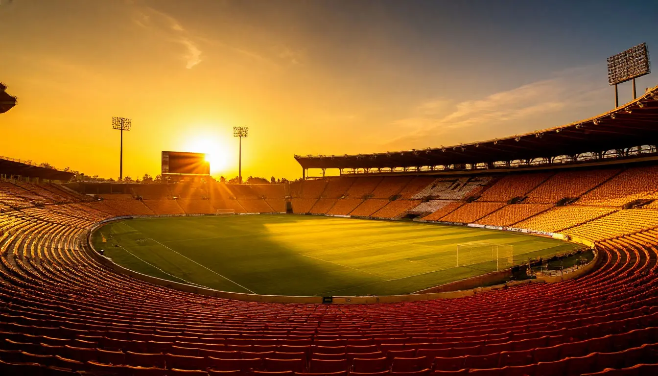 Stadium bathed in sunrise glow with Stake logo on screen