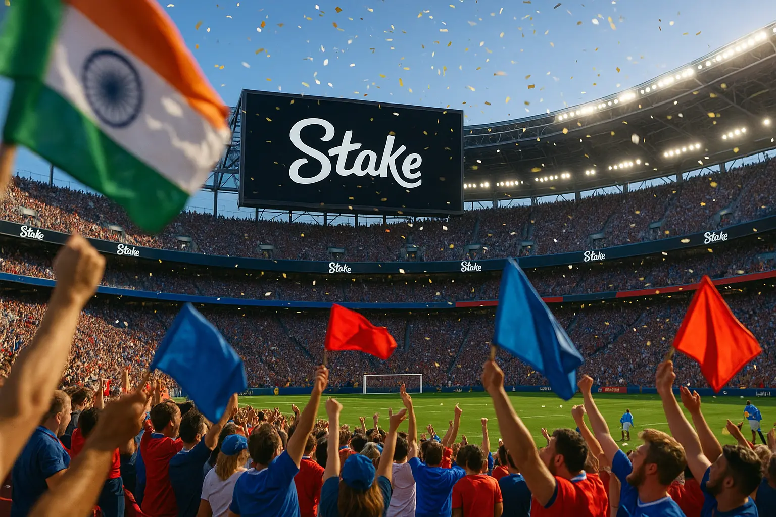 Fans waving flags with Stake logo on screen